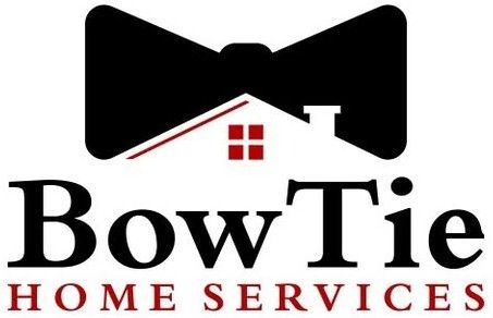 Logo for BowTie Home Services featuring a black bow tie above a white house outline with a red window and text below.