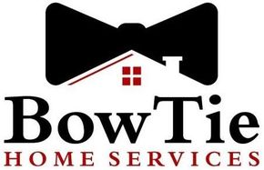 Logo for BowTie Home Services featuring a black bow tie above a white house outline with a red window and text below.