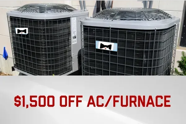 Two outdoor air conditioning units with a promotional text overlay: 