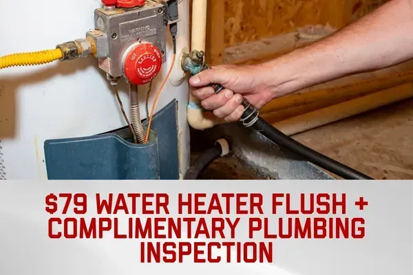 A person connects a hose to a water heater drain valve, with text offering a $79 flush and complimentary inspection.