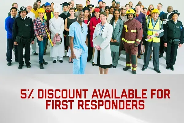 A diverse group of professionals in uniforms against a white background with text: 5% DISCOUNT AVAILABLE FOR FIRST RESPONDERS.
