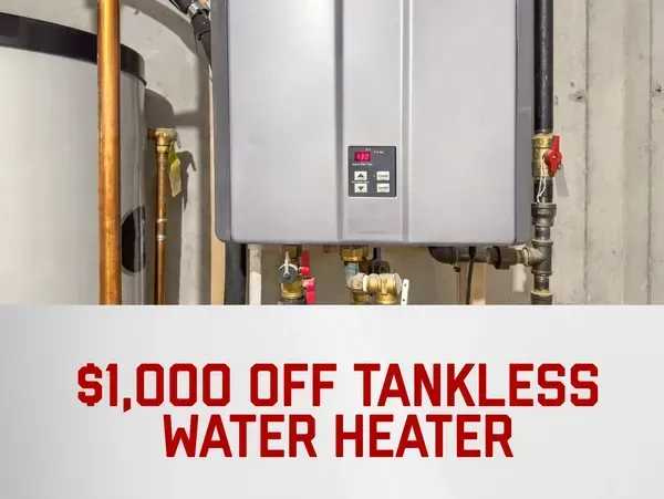 A tankless water heater mounted on a wall with text overlay advertising $1,000 off.
