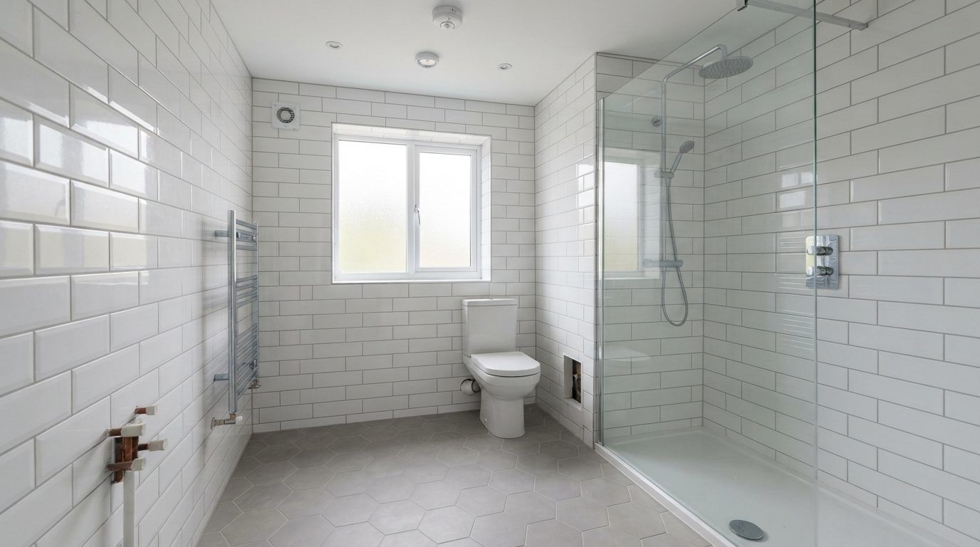 Walk-in shower with metro wall tiles and hexagon floor tiles, installed by Tilers Tiling