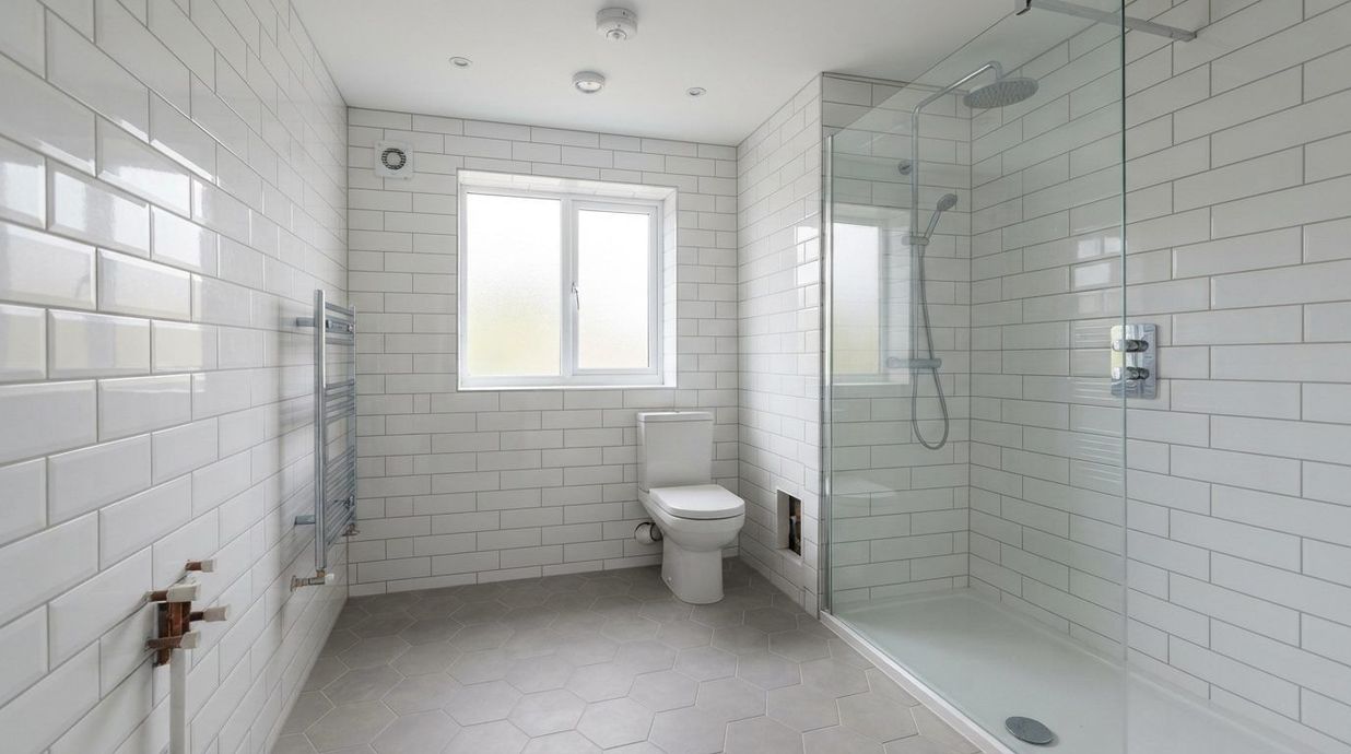 Walk-in shower with metro wall tiles and hexagon floor tiles, installed by Tilers Tiling