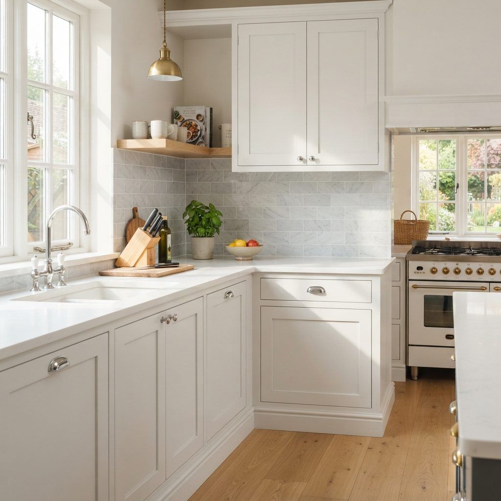 Classic shaker kitchen with marble metro tile splashback installed by Tilers Tiling, serving Manchester and the surrounding area