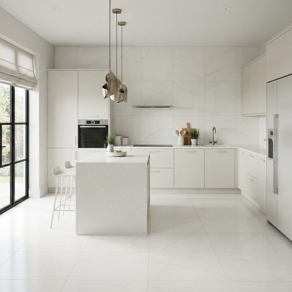 Modern tiled kitchen with marble-effect porcelain floor and splashback by Tilers Tiling, serving Manchester and the surrounding area