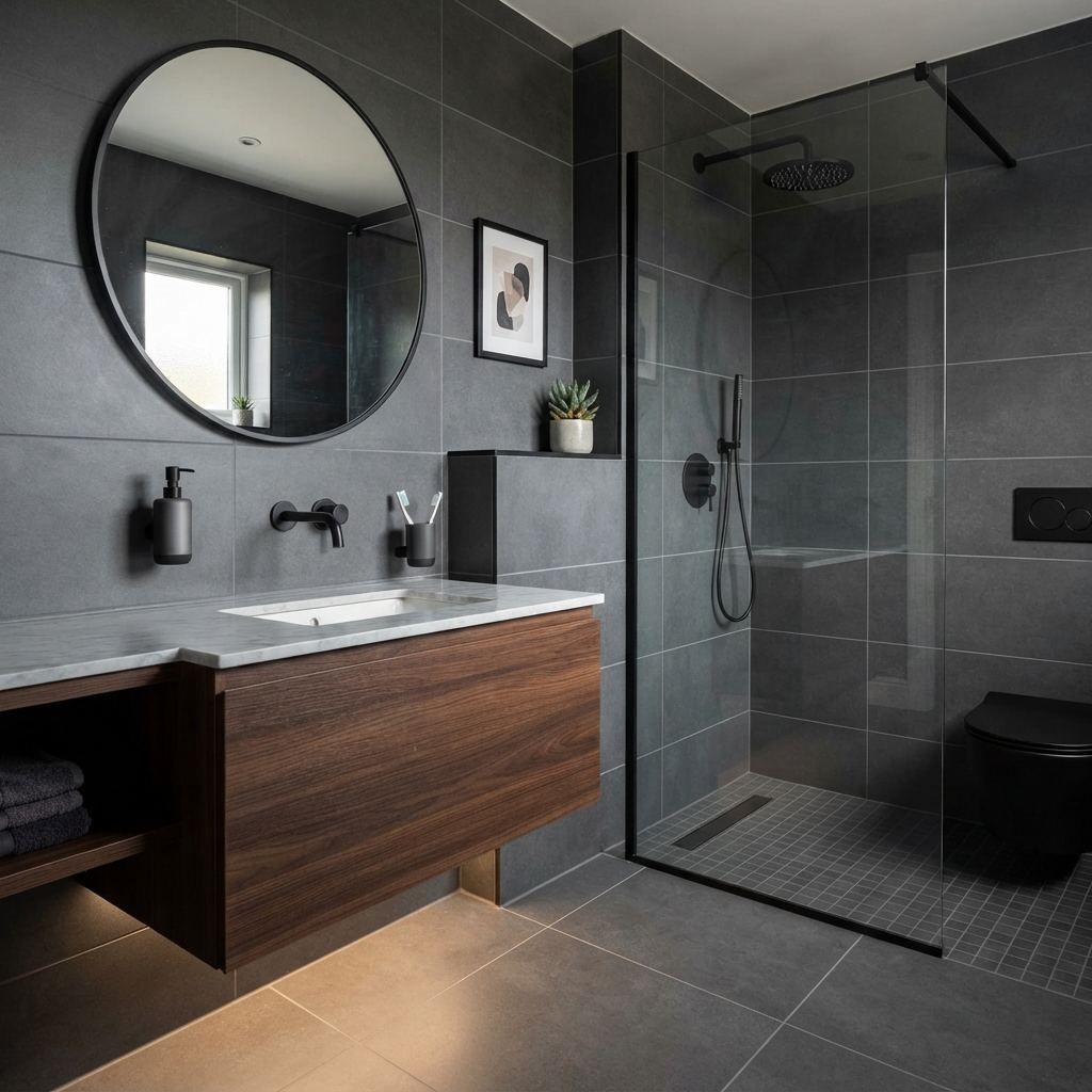 Modern dark-tiled bathroom with walk-in shower, installed by Tilers Tiling