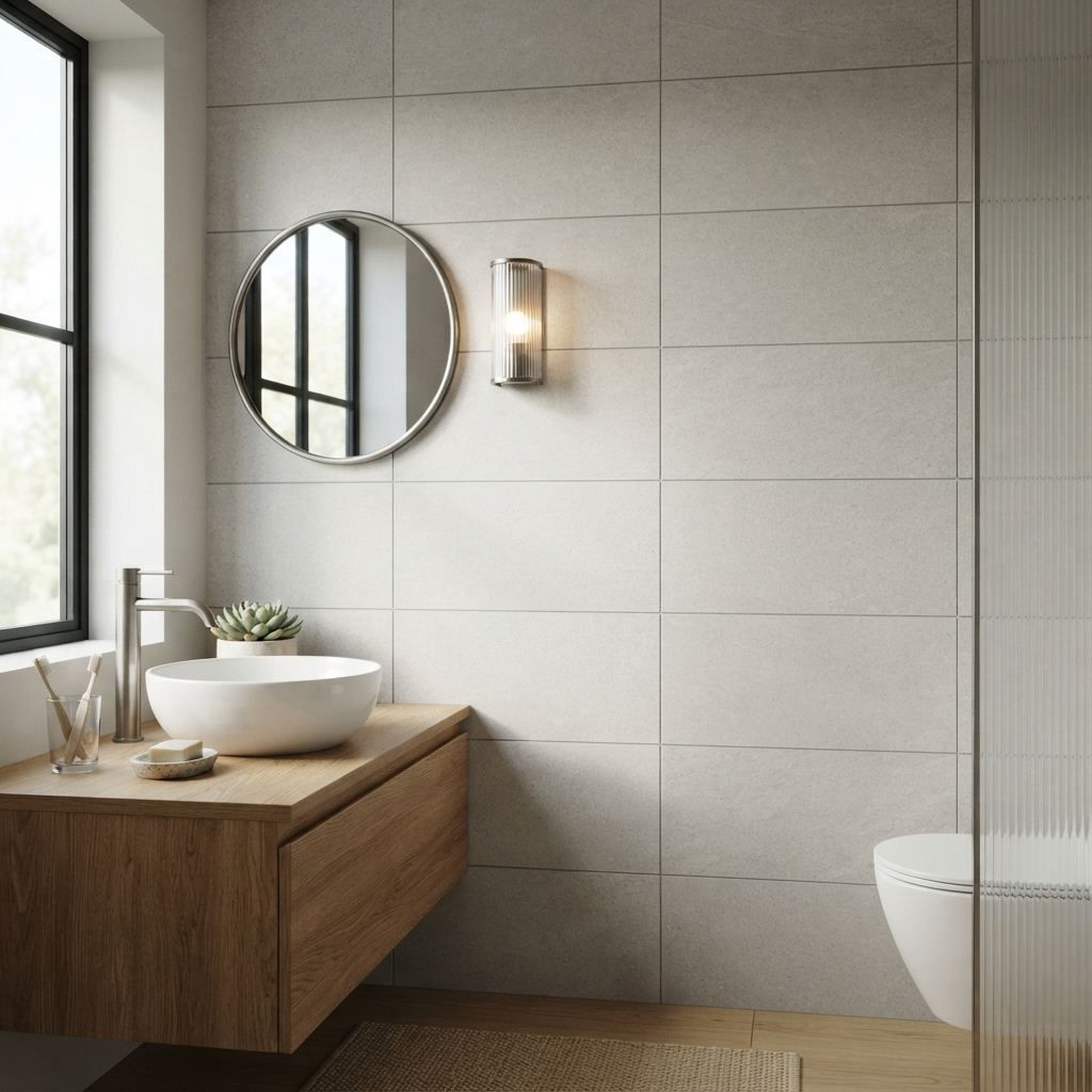 Neatly tiled bathroom wall with wall-hung vanity, installed by Tilers Tiling