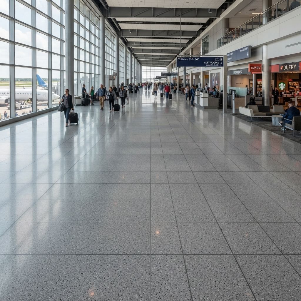 Durable polished commercial floor tiling in a busy terminal