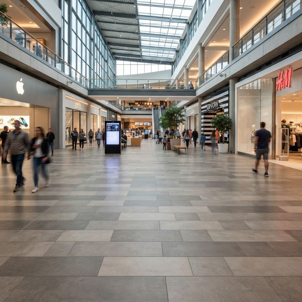 Large-format commercial floor tiling in a busy shopping centre