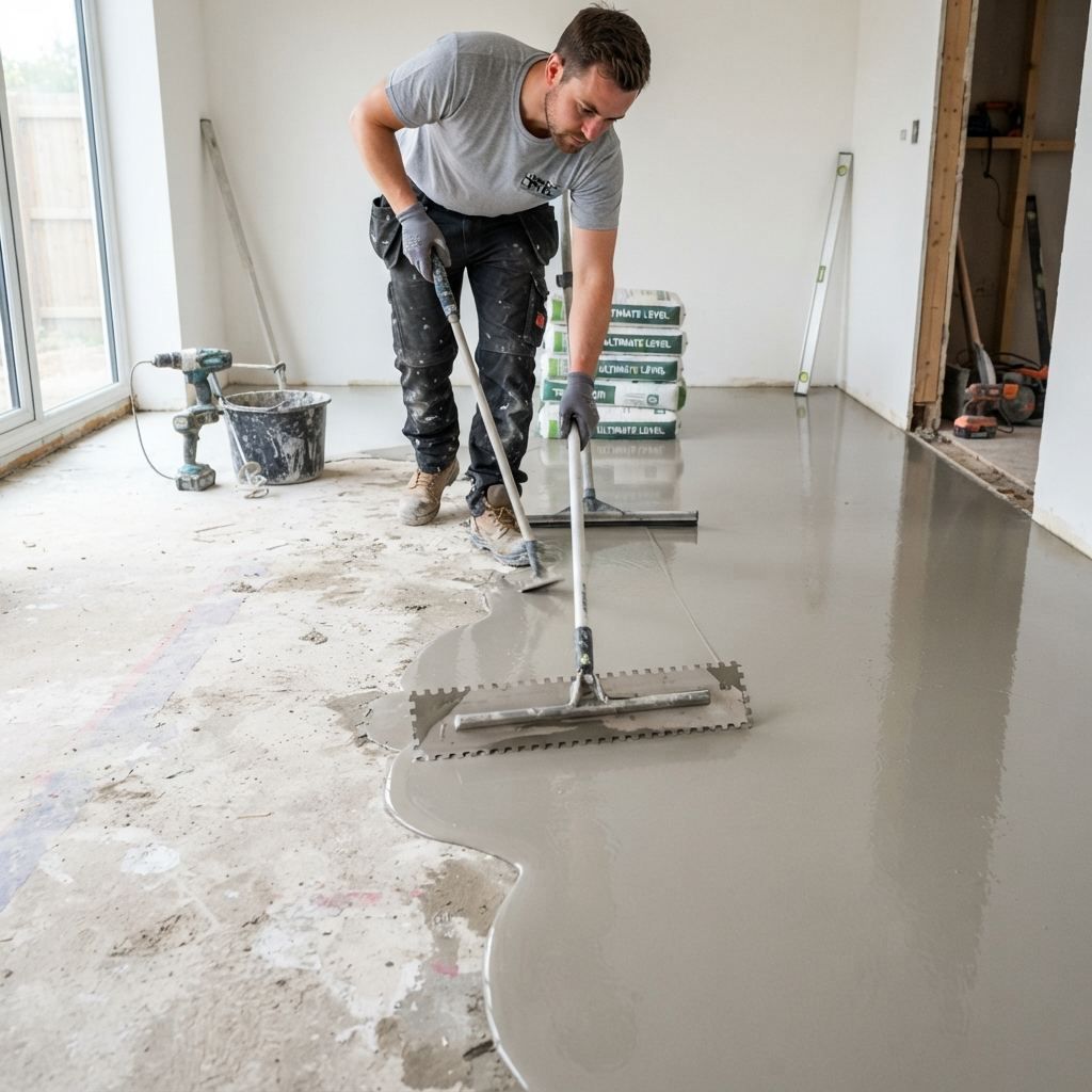 Tiler laying a sand-and-cement screed ahead of tiling
