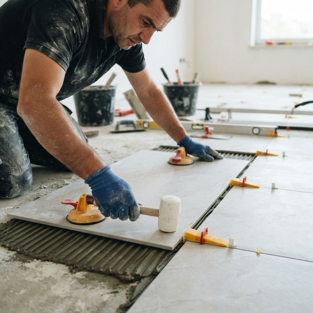 Tiler laying floor tiles with precision spacers, installed by Tilers Tiling
