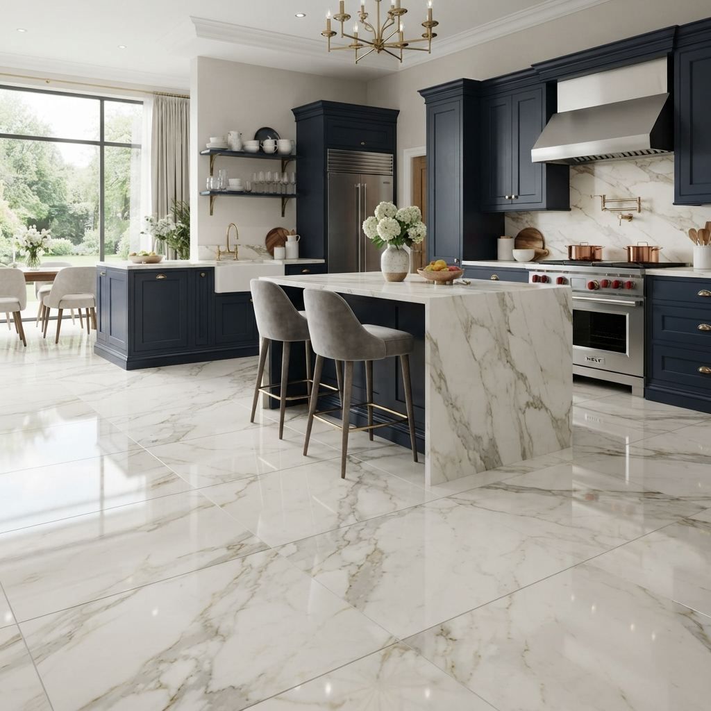 Modern kitchen with dark cabinetry and polished marble-effect porcelain floor tiled by Tilers Tiling