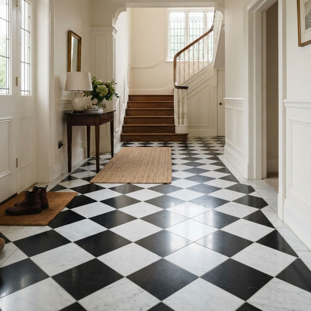 Elegant black and white natural stone checkerboard floor tiling
