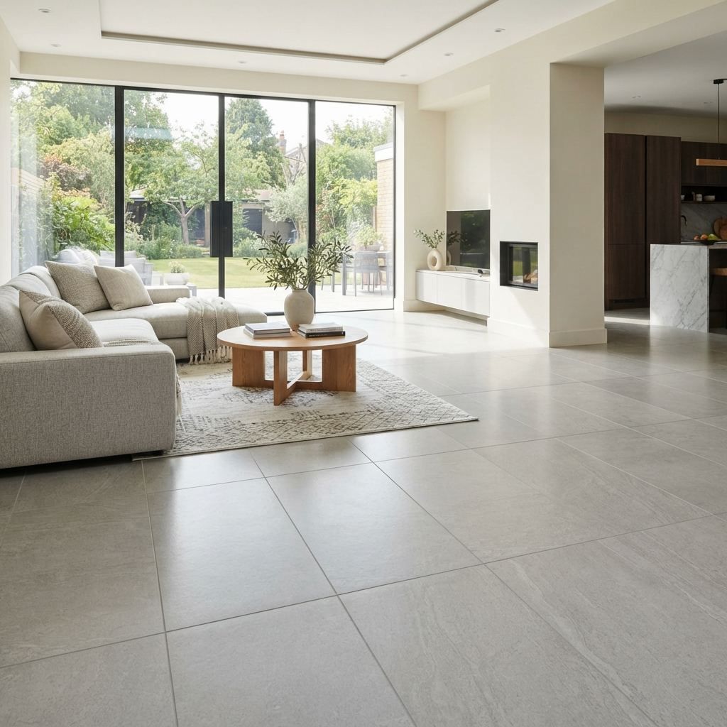 Large-format porcelain floor tiles in a bright modern living space
