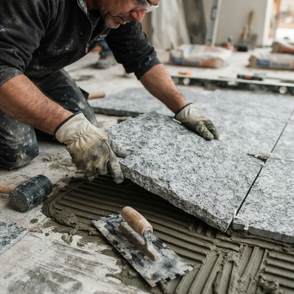Tiler precision-fitting a large-format porcelain slab
