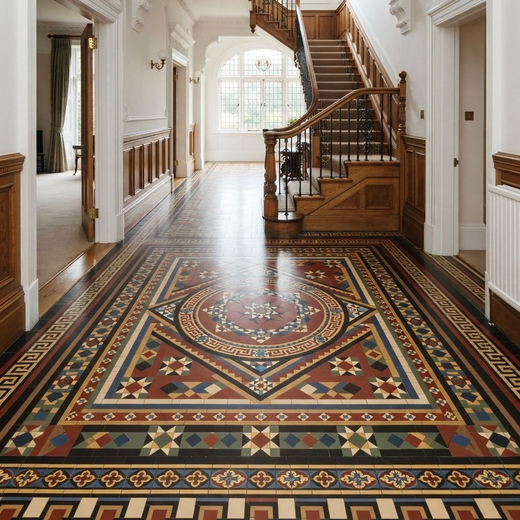 Ornate traditional Victorian mosaic floor tiling in a period hallway, installed by Tilers Tiling