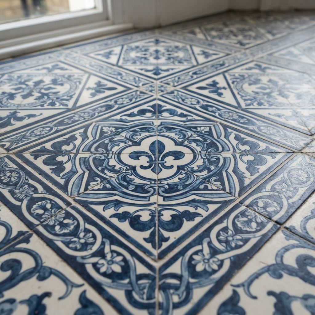 Close-up of a classic Victorian geometric floor tile pattern installed by Tilers Tiling