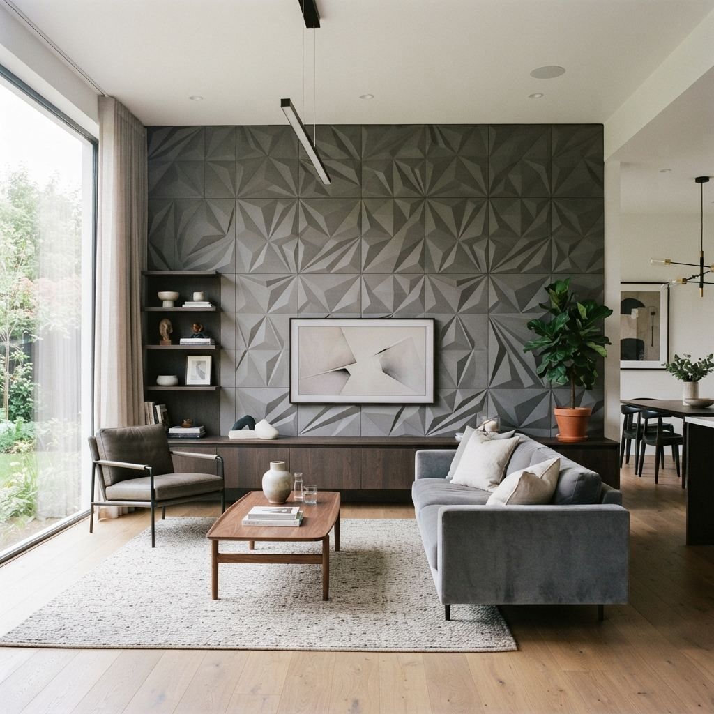 Textured geometric feature wall tiling installed by Tilers Tiling