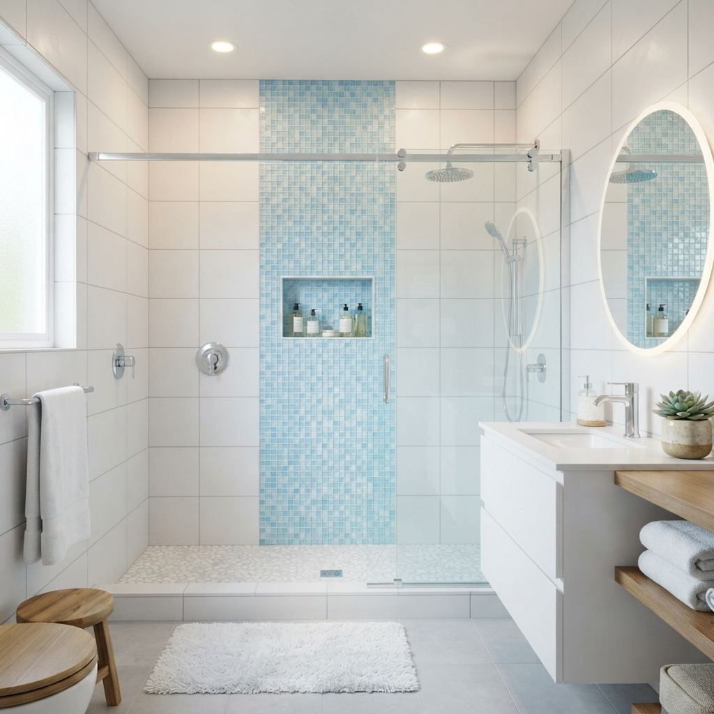Waterproof wet room with mosaic tiled shower installed by Tilers Tiling