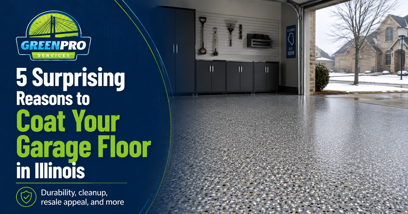 GreenPro ad showing a coated garage floor and text: “5 Surprising Reasons to Coat Your Garage Floor in Illinois”