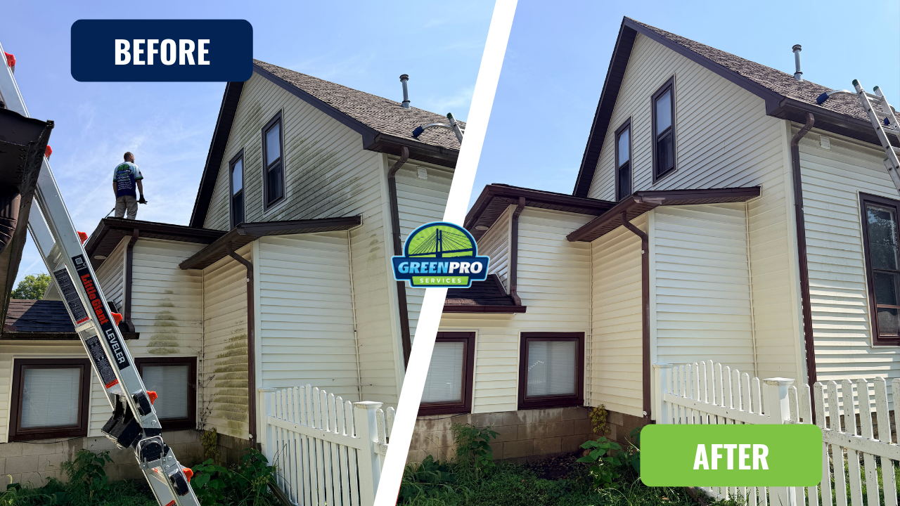 Before-and-after of a house exterior cleaning, with ladder and worker in the before view.