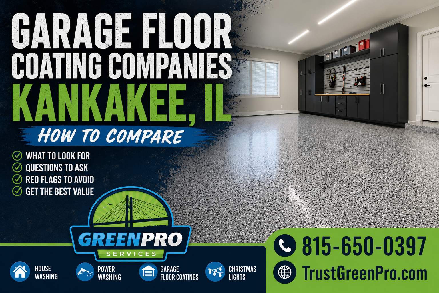 Garage floor coating ad for GreenPro in Kankakee, IL, showing a speckled gray garage and contact info.