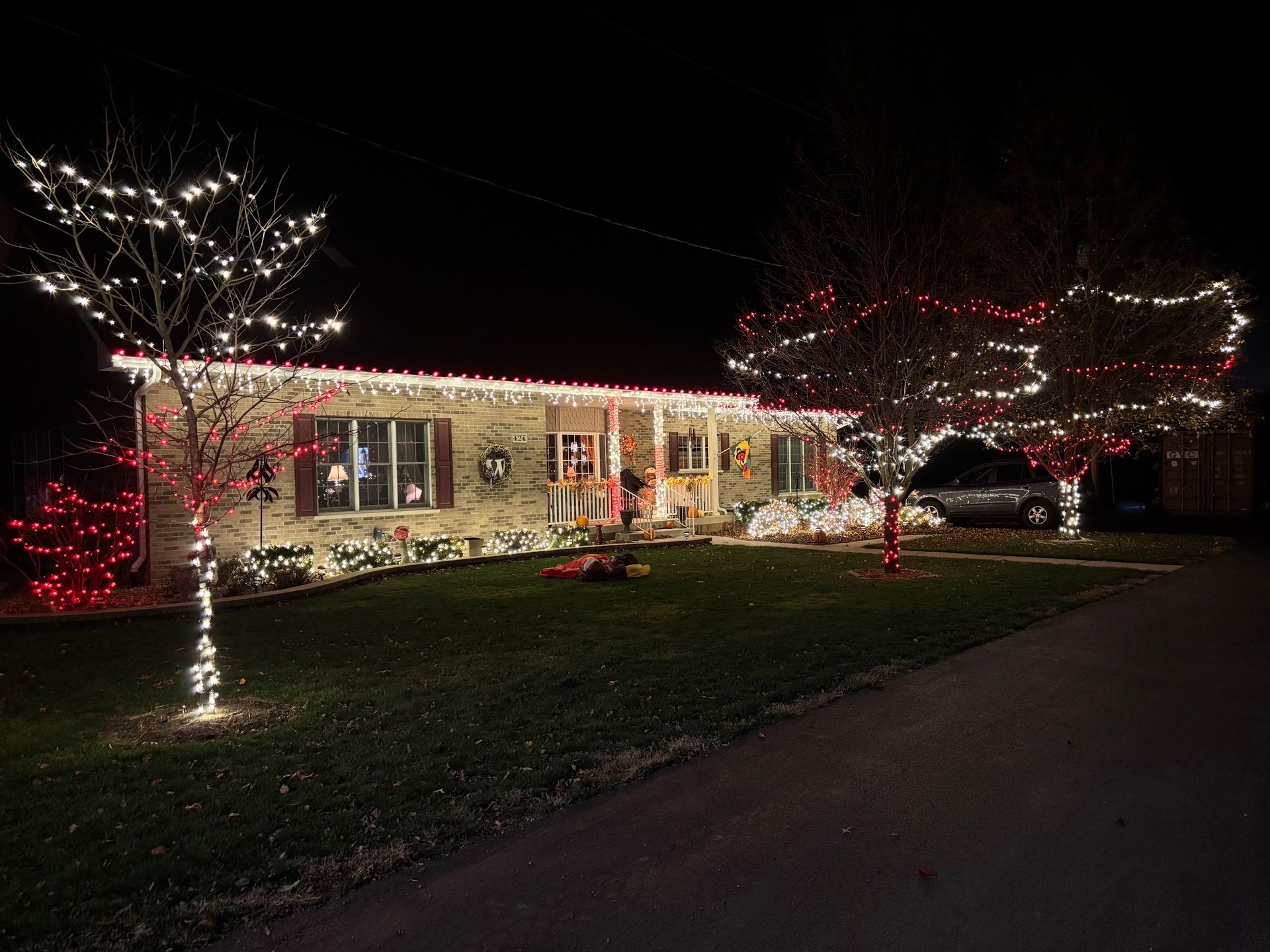 A house decorated with white and red Christmas lights at night, trees are also lit.