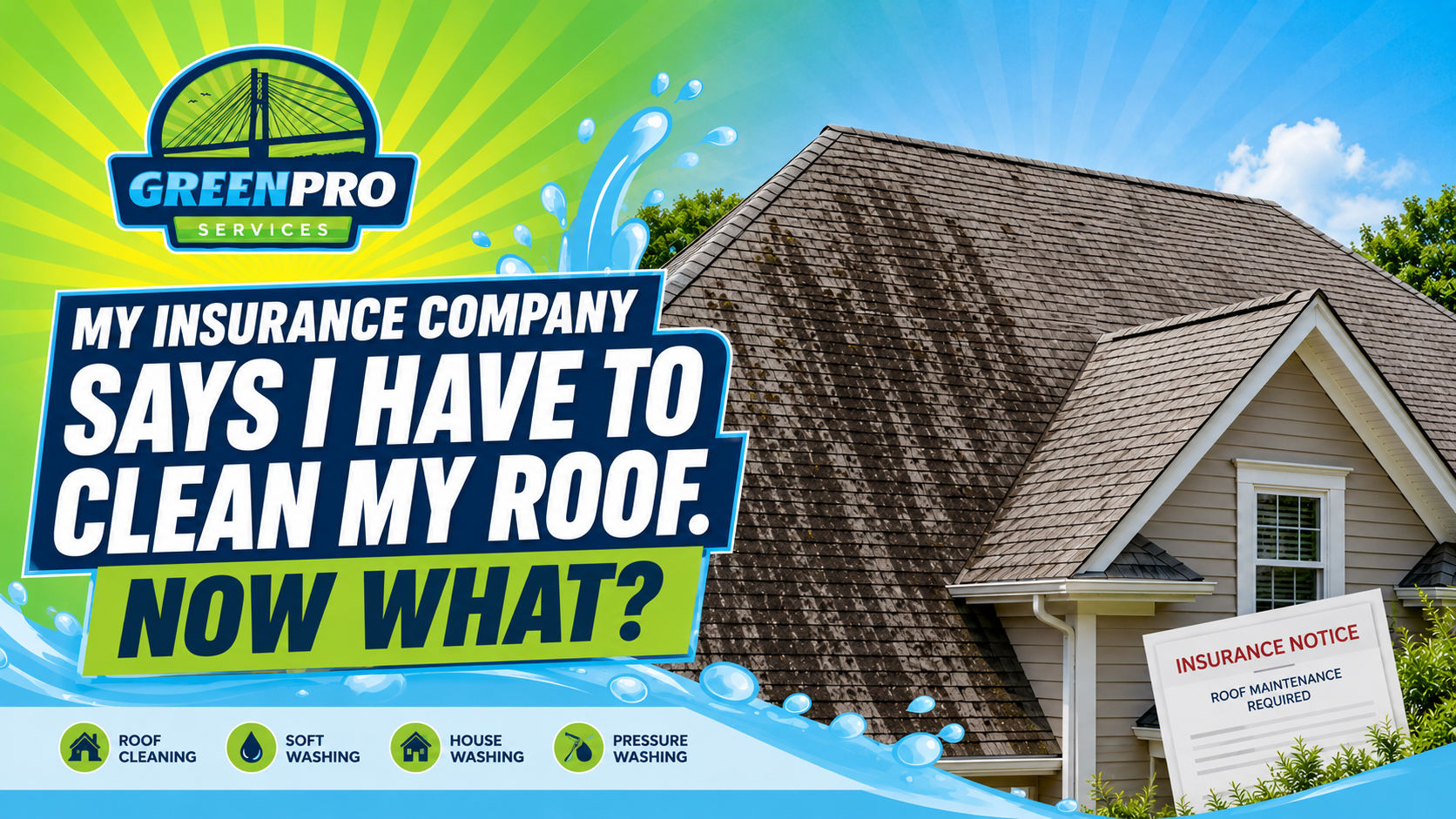 GreenPro ad: “My insurance company says I have to clean my roof. Now what?” with roof and house image