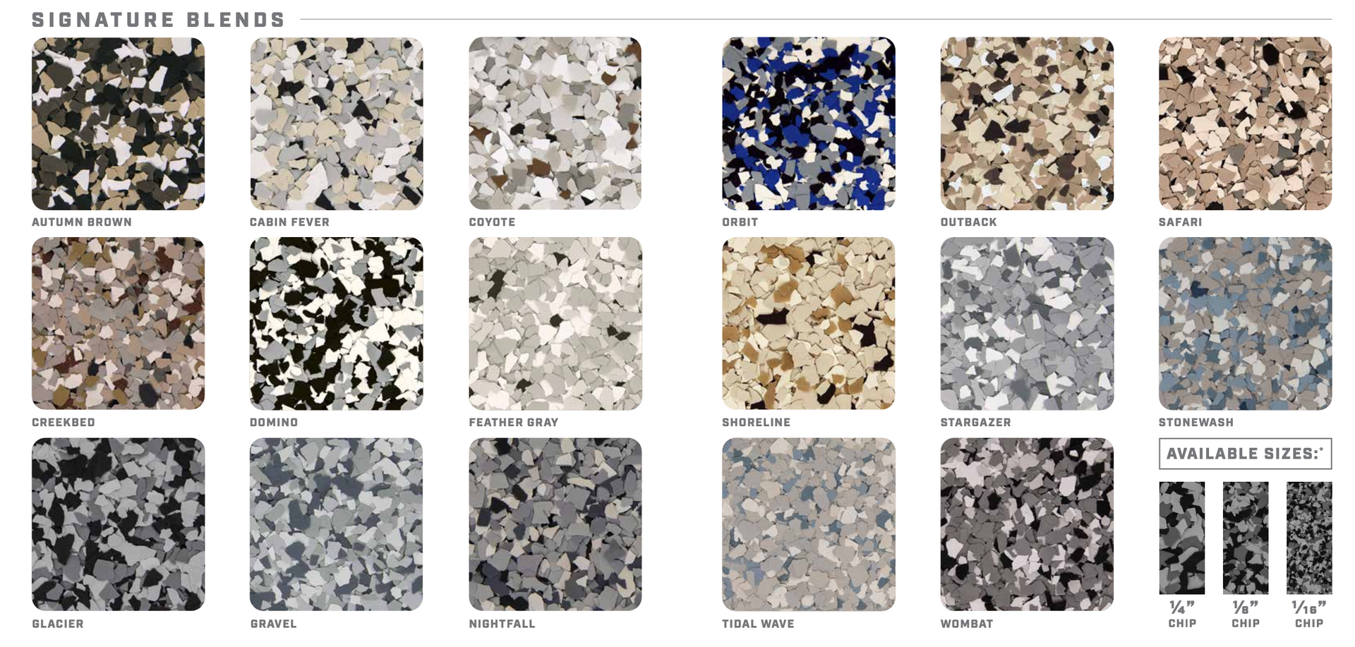 Garage floor coating color chart showing 17 signature flake blends and 4 marble blends including Wombat, Gravel, Creekbed, Outback, and Carbon, available in quarter inch, eighth inch, and sixteenth inch chip sizes