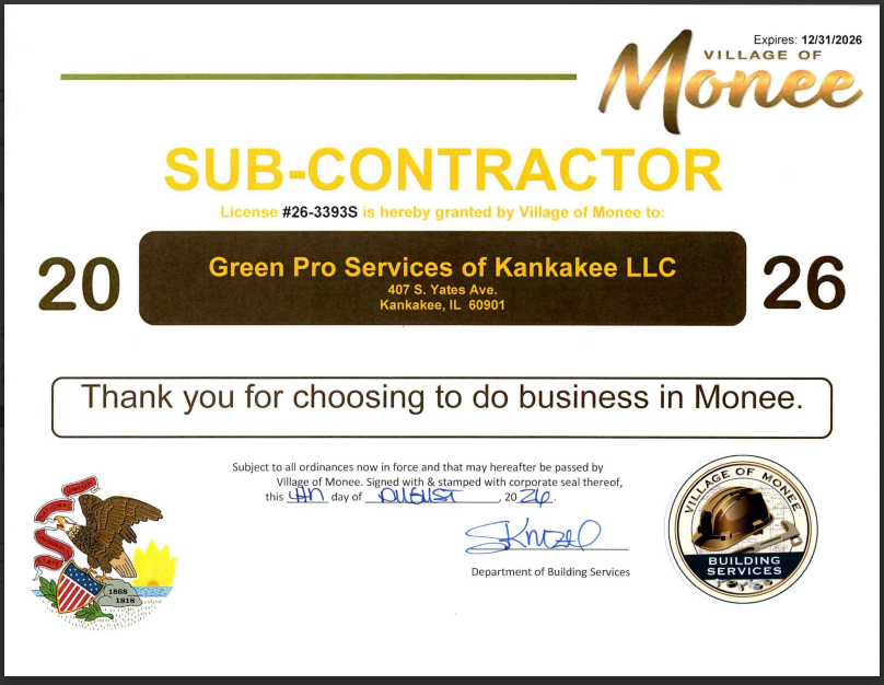 Sub-contractor certificate for Green Pro Services of Kankakee LLC, with “Thank you for choosing to do business in Monee.”
