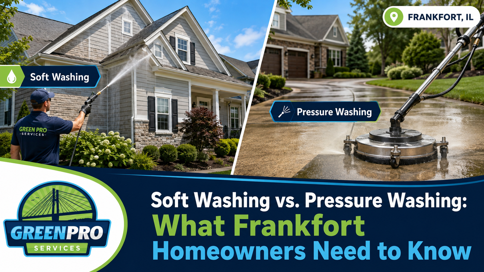 Graphic comparing soft washing and pressure washing with a house on the left and driveway on the right