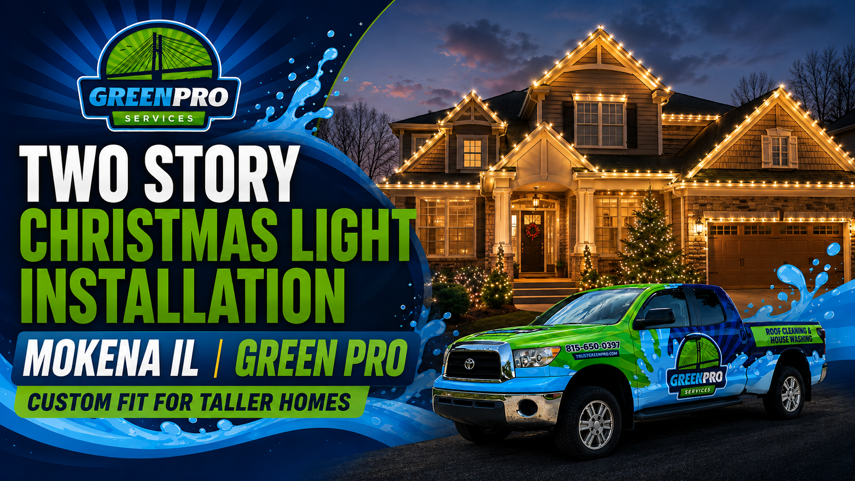 Two-story home lit with warm Christmas lights beside a Green Pro service truck advertising installation
