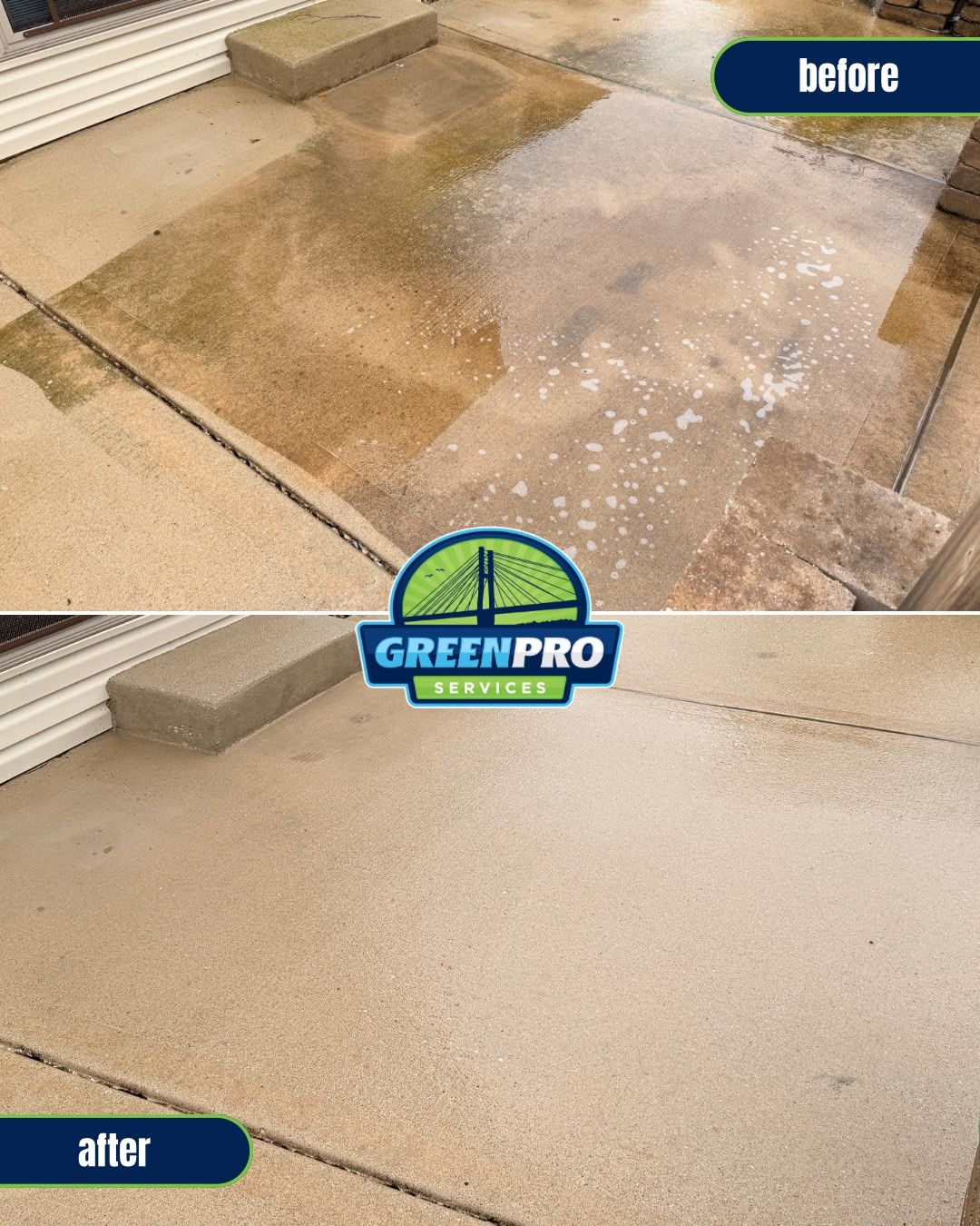 Before and after patio pressure washing in Manteno IL by Green Pro Services
