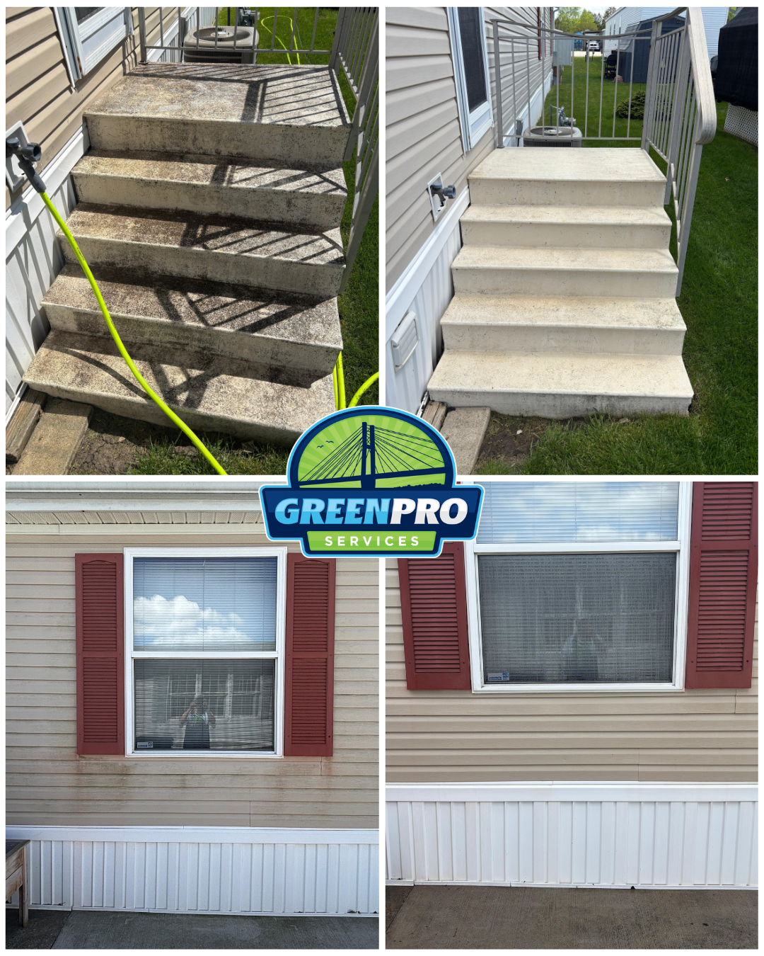 Before-and-after collage of home exterior repairs: stone steps and siding improved to white steps and a skirting update.