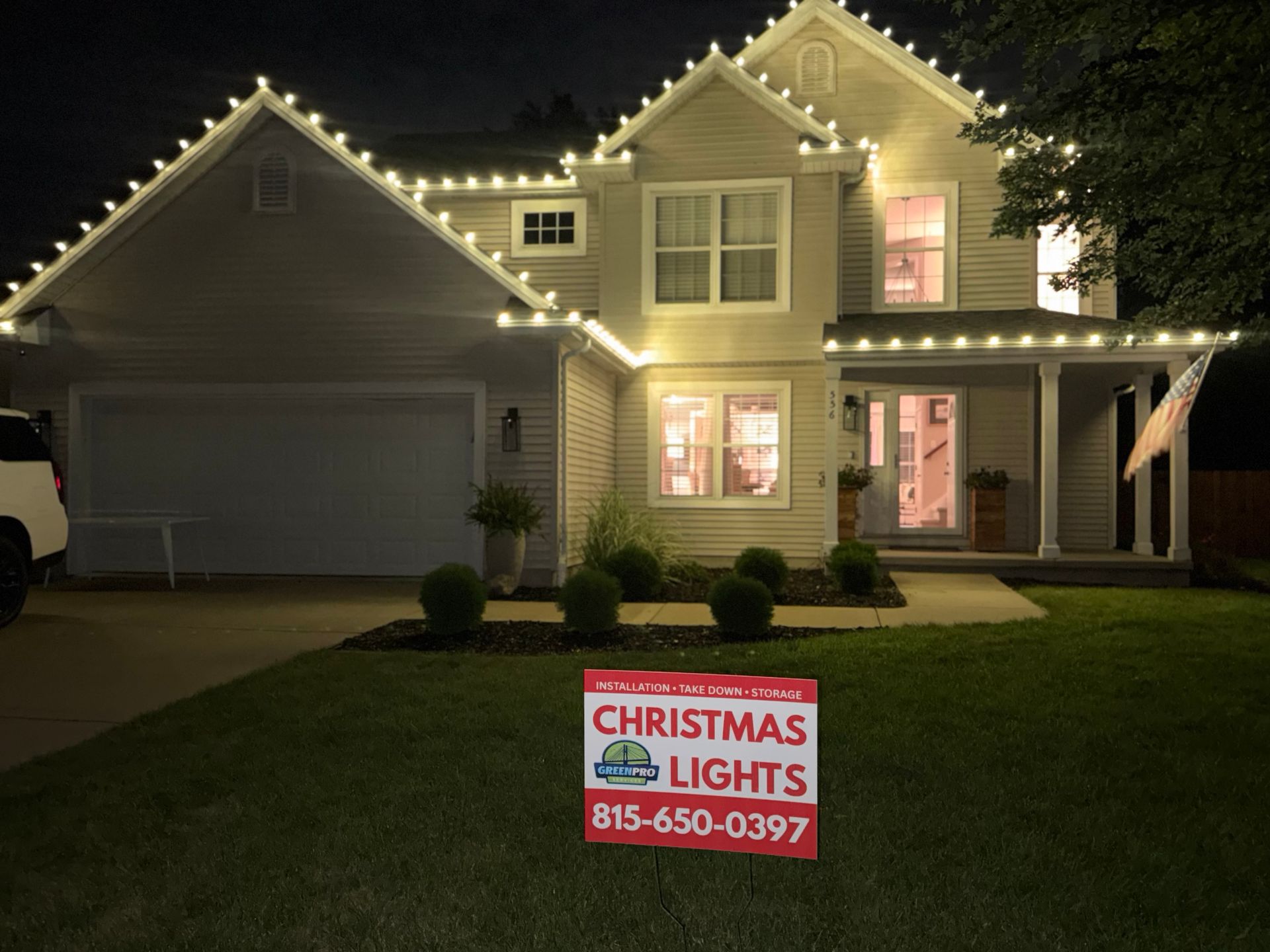 Christmas light installation with custom cut C9 bulbs in Turnberry Estates, Bourbonnais, Illinois