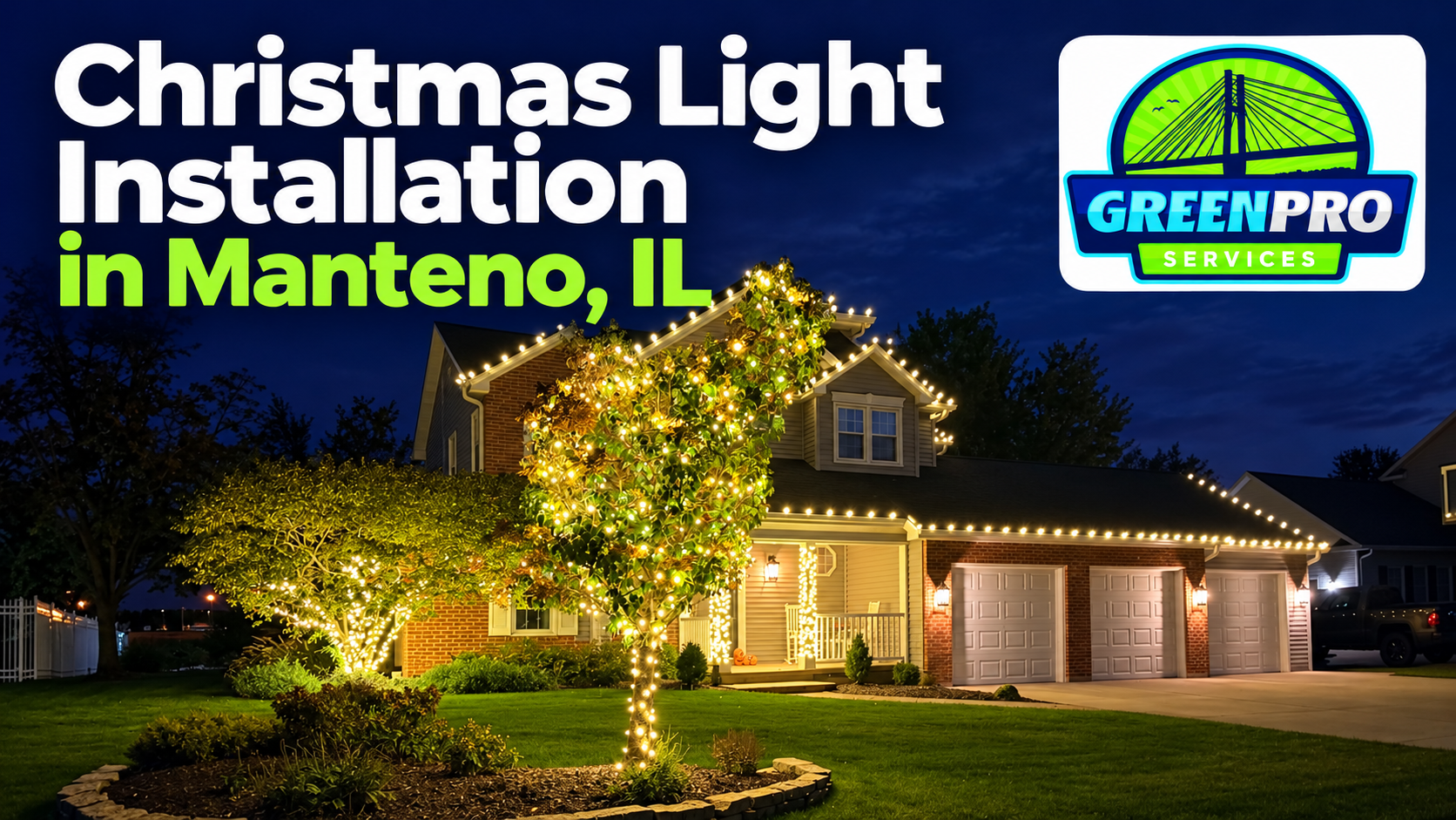 house in Manteno Illinois with warm white Christmas lights on roofline and trees