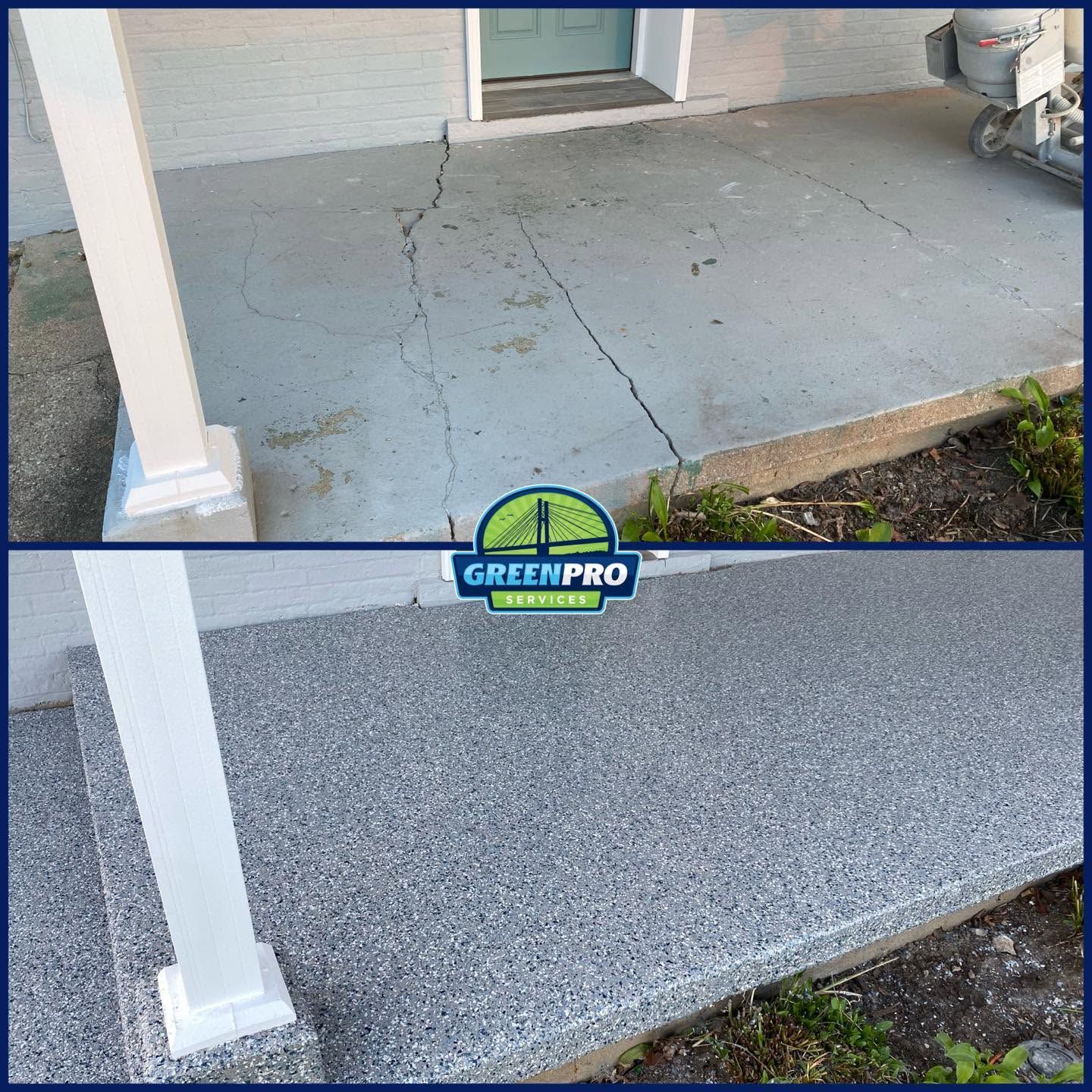 Before and after concrete patio coating with full flake broadcast in Kankakee County IL