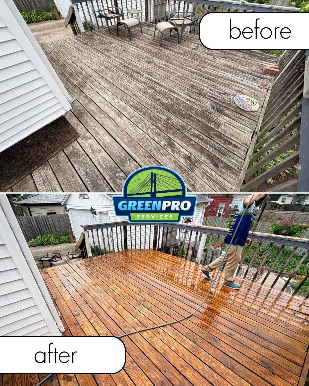 Deck pressure washing before and after in Kankakee, Illinois by Green Pro Services
