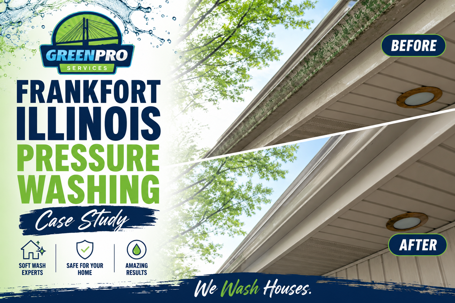 Frankfort, Illinois pressure washing case study ad with before-and-after roof and gutter cleaning images