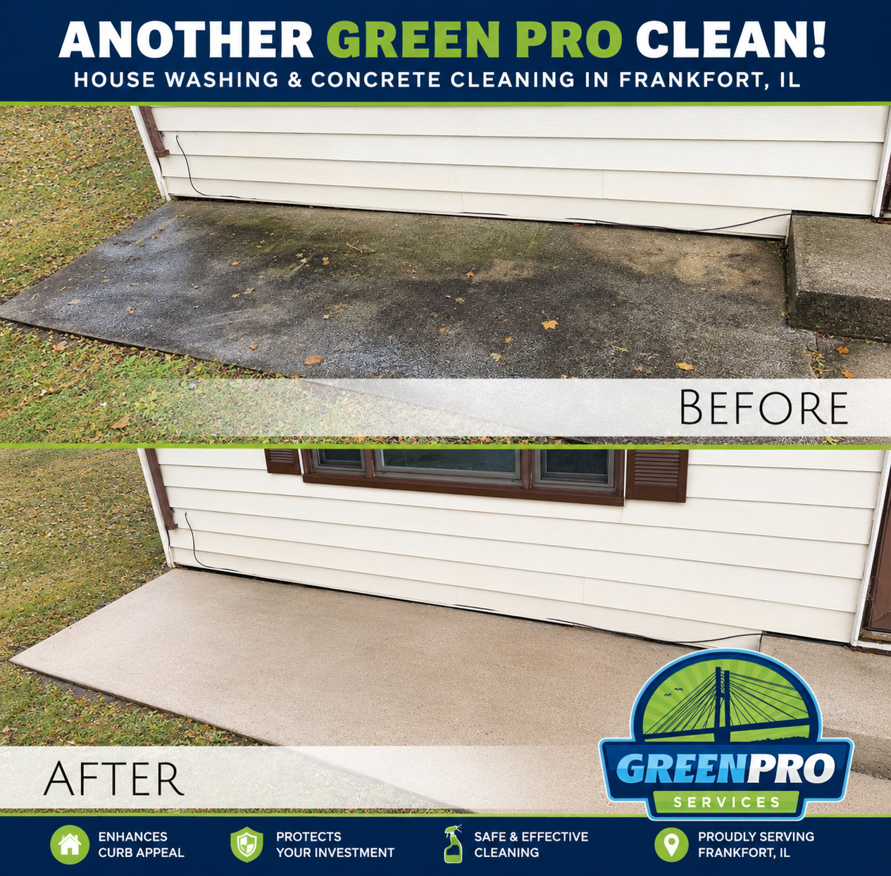 Green Pro Services house washing and concrete cleaning project in Frankfort Illinois
