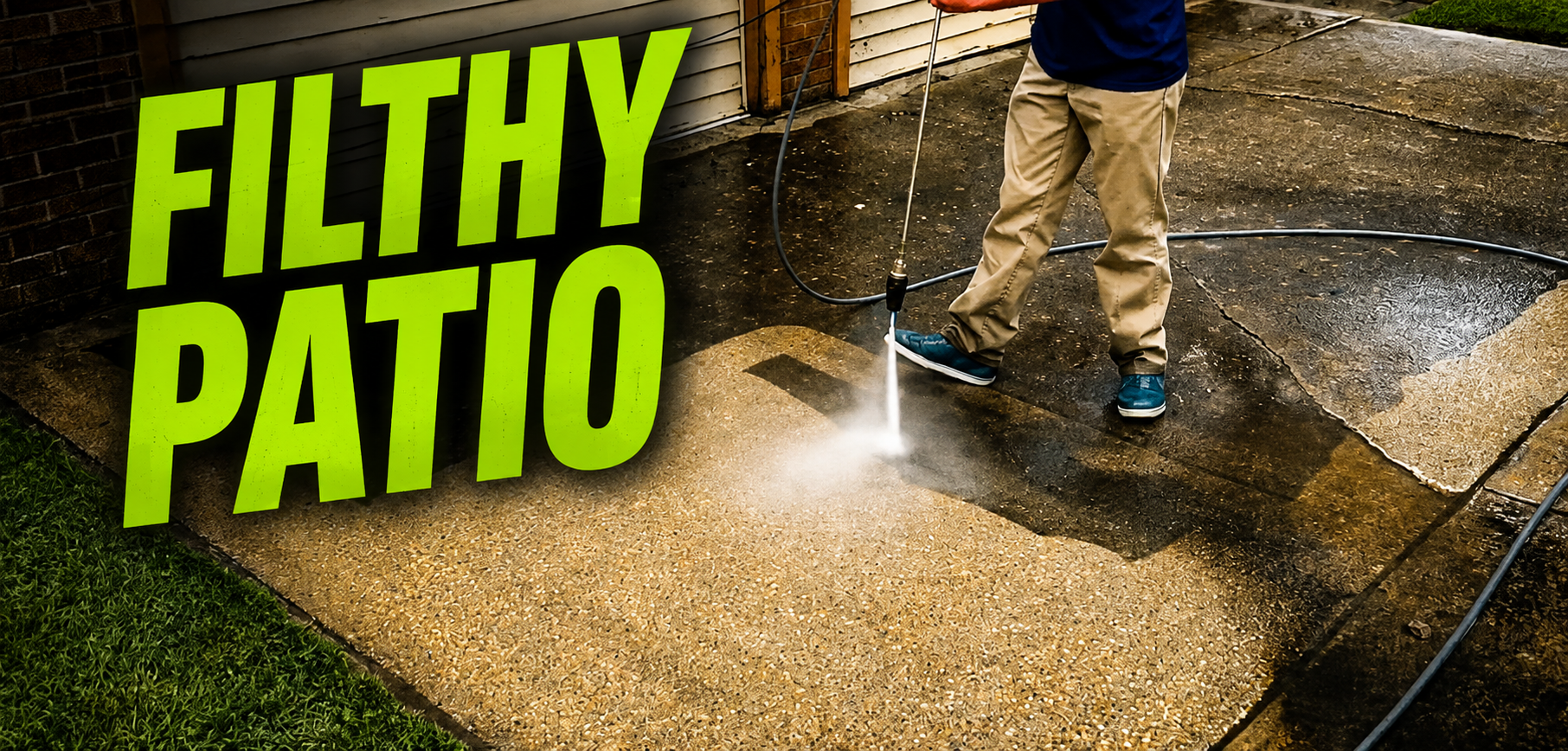 Pressure washing a dirty patio, with “FILTHY PATIO” text overlay