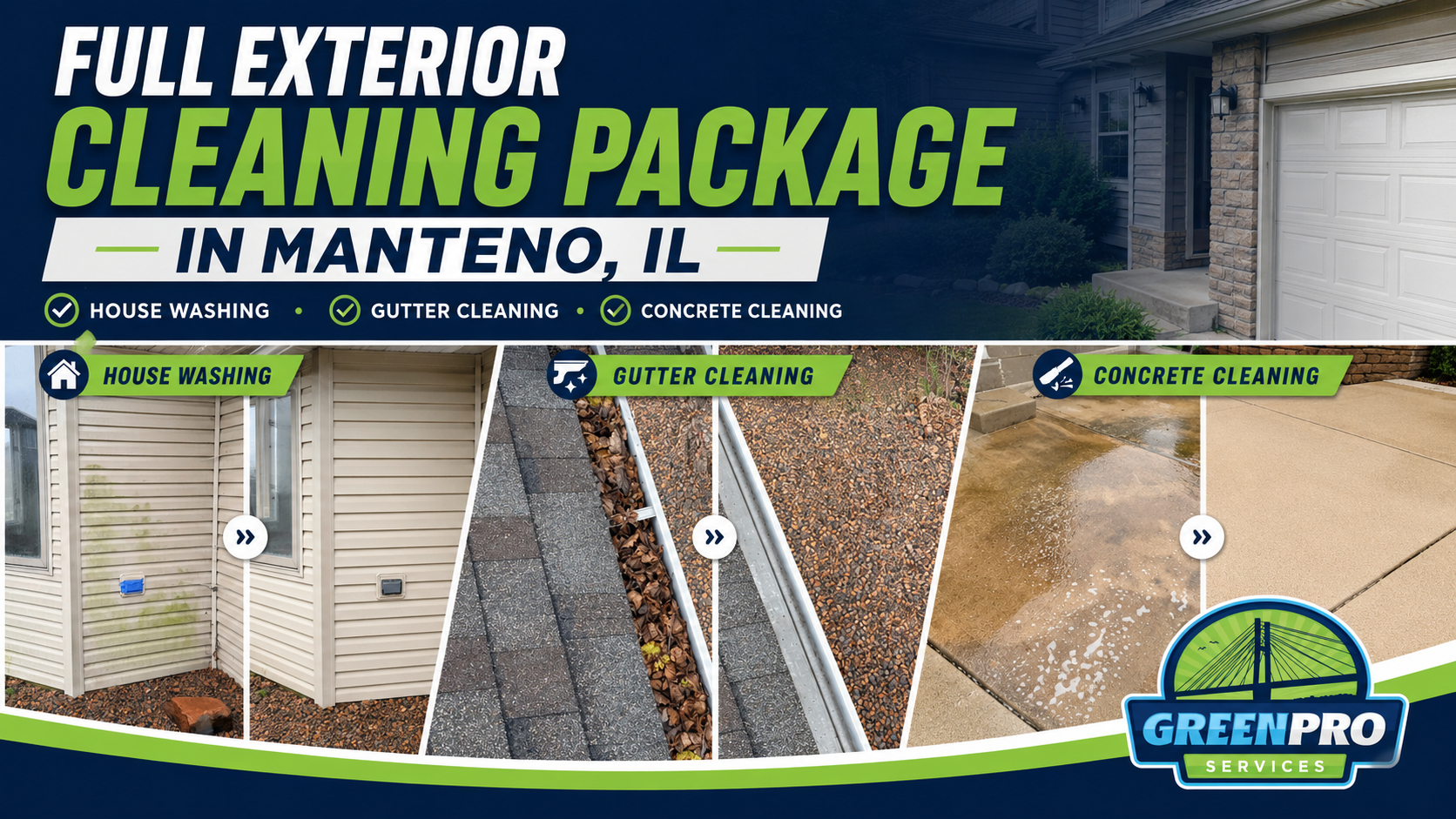 Full exterior cleaning package in Manteno, IL with before-and-after roof, siding, gutter, and window cleaning