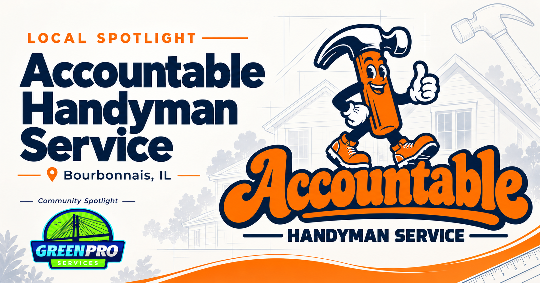 Accountable Handyman Service promo with orange-and-blue logo, cartoon handyman, and Green Pro badge