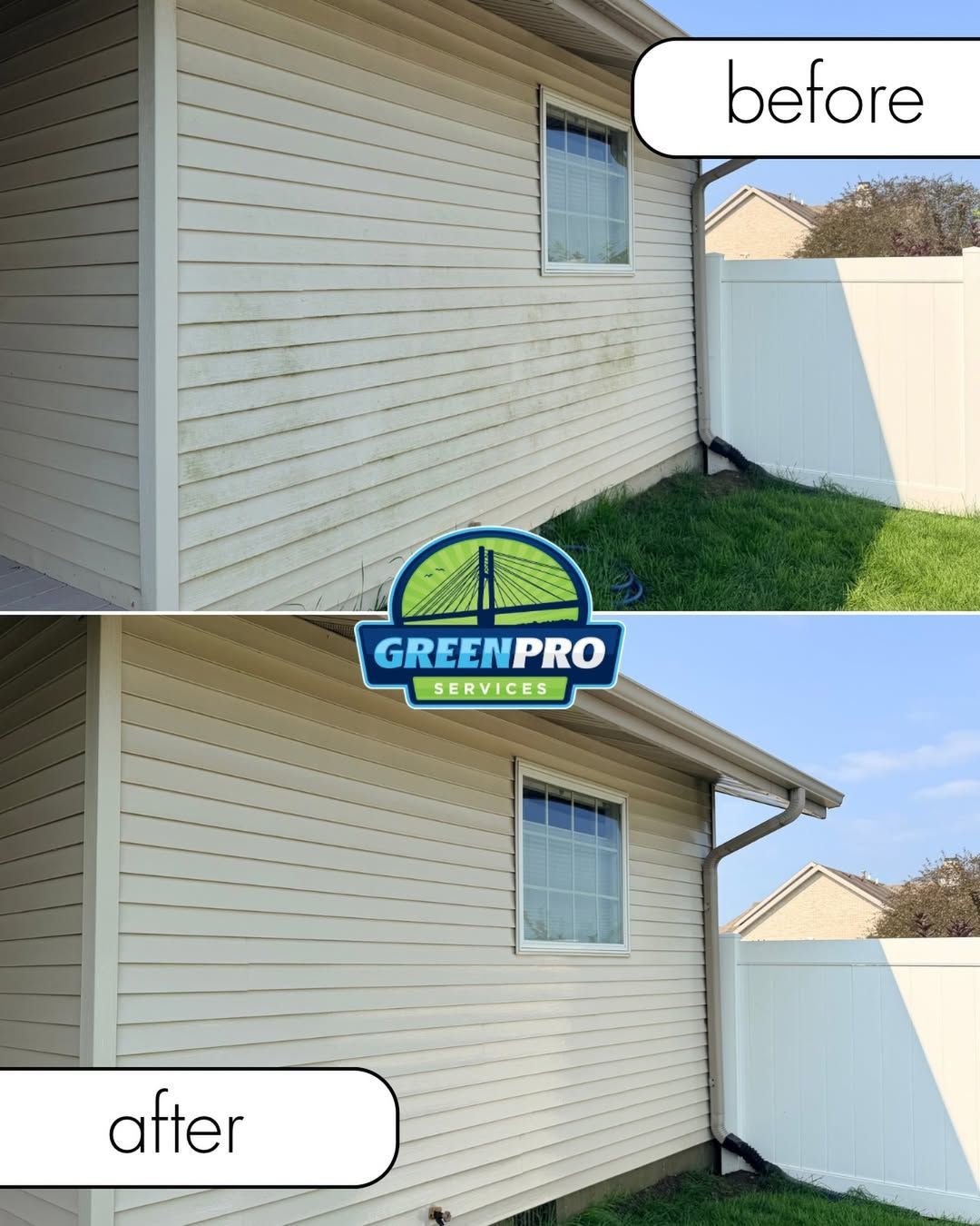 House wash before and after in Manteno Illinois showing green algae removed from vinyl siding by Green Pro Services