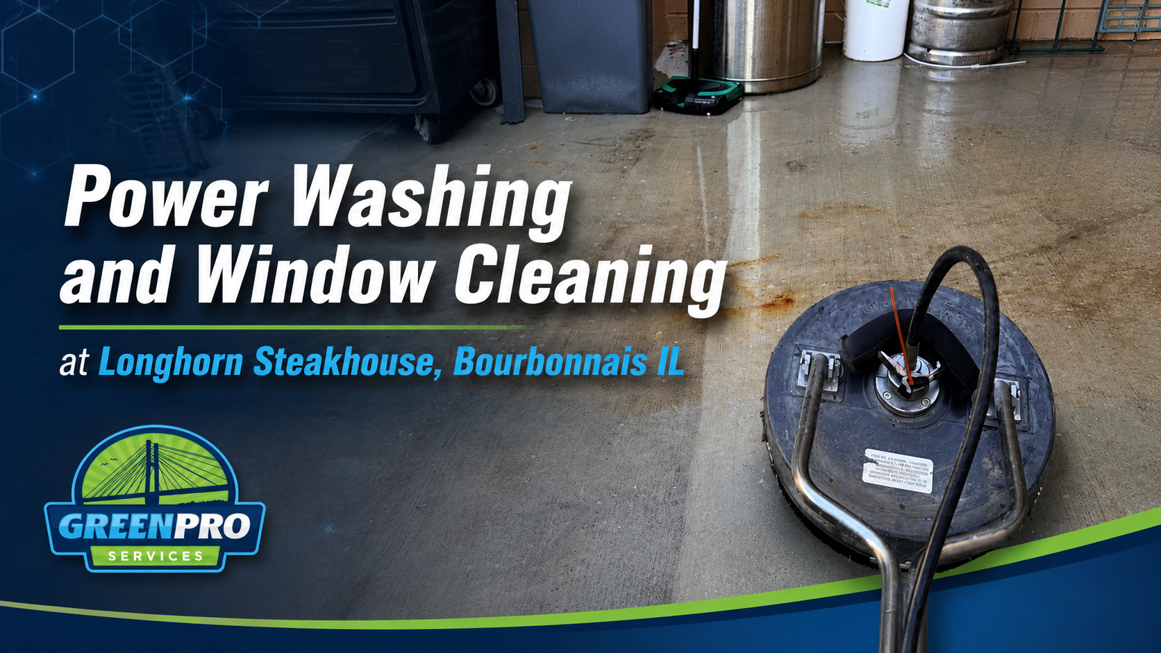 Power washing and window cleaning ad with a pressure washer on wet concrete and GreenPro logo
