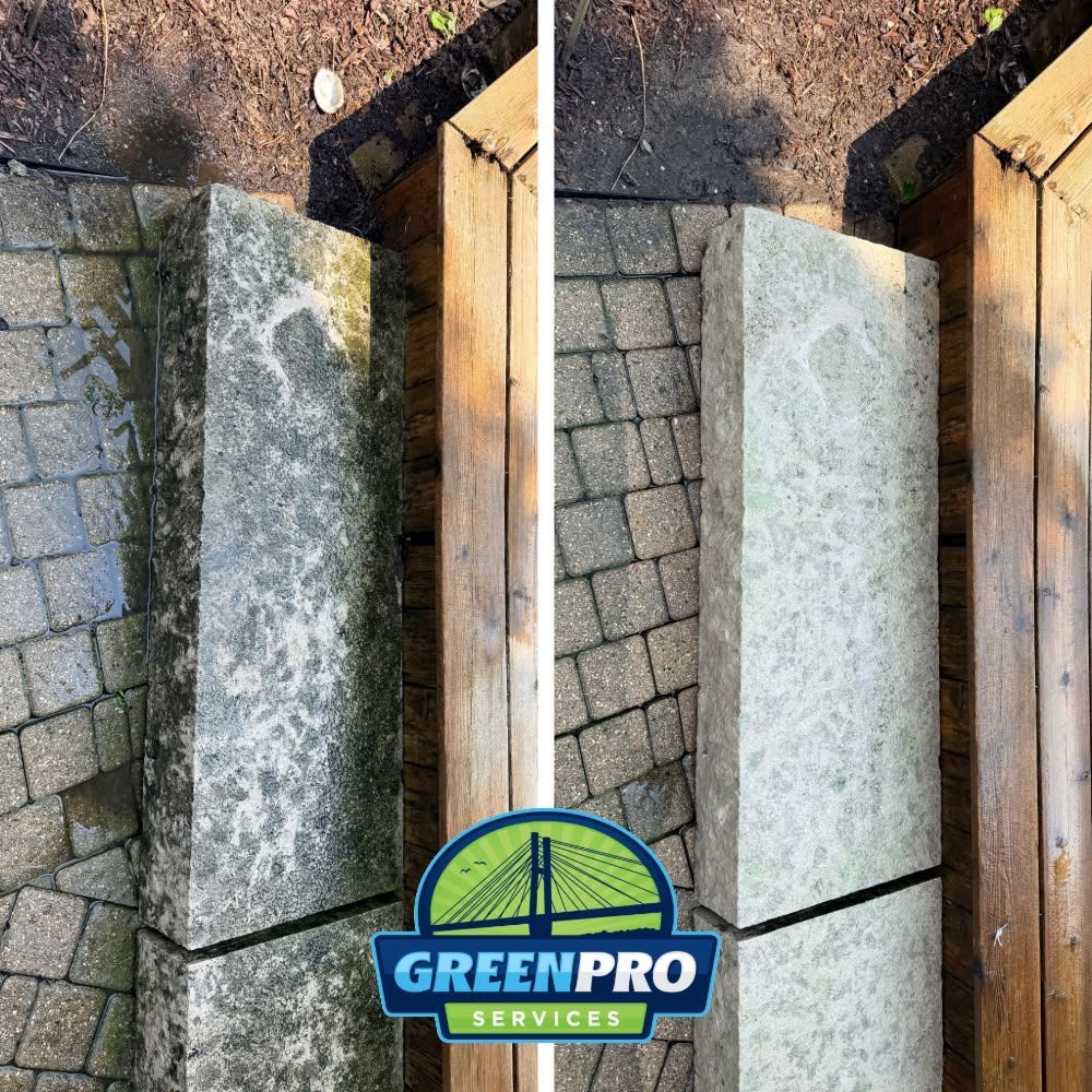 Power washing limestone exterior on a home in Bourbonnais, Illinois