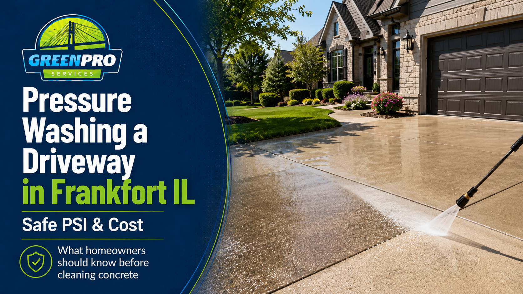 GreenPro pressure washing a driveway in Frankfort, IL, with water spraying across a sunny suburban home drive.