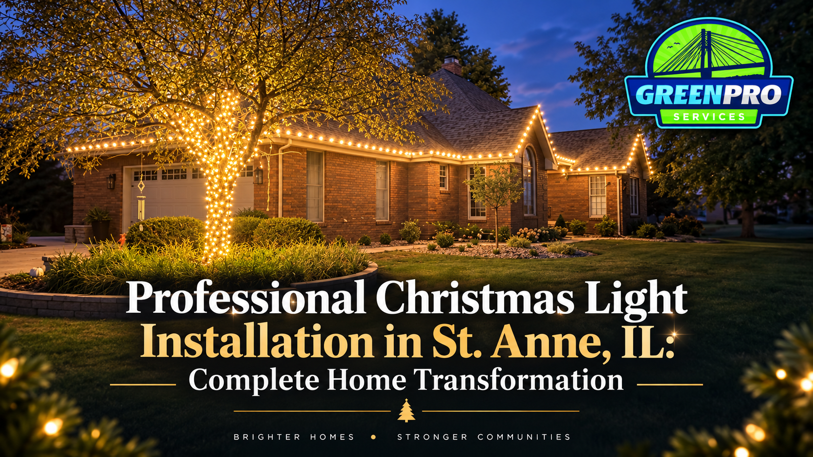 Professional Christmas light installation in St. Anne, IL, with lit home and yard at night