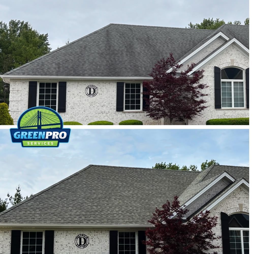Green Pro Services roof cleaning in Bordeaux Estates Bourbonnais IL removing dark streaks from asphalt shingles